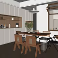 Modern Restaurant Interior Design With Wooden Dining Table Chairs Green Plant And Recessed Lighting