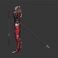 Biomech Sci Fi Warrior Character In Red White Armor Holding Swords Arms Outstretched