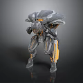 Futuristic Mechanical Robot 3D Model With Gray Armor And Orange Accents