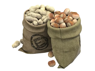 Two Burlap Sacks Filled With Peanuts And Hazelnuts Scattered Nuts 3d model
