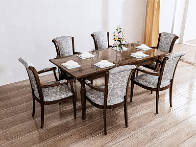Wooden Dining Table Set Featuring Six Patterned Backrest Chairs Tableware And Flower Arrangement 3d model