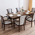 Wooden Dining Table Set Featuring Six Patterned Backrest Chairs Tableware And Flower Arrangement