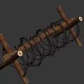 Wooden Crossed Defensive Weapon Structure With Barbed Wire Military Obstacle