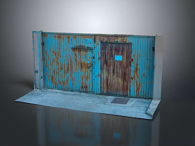 Old Rusty Blue Metal Door With Brown Wooden Door On Concrete Slab 3d model