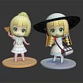Cute Anime Character Figurines With Blond Hair Wide Brim Hat White Dress And Colorful Bases