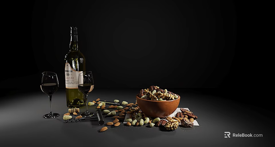 Bowl Of Delicious Mixed Nuts And Chocolate With Wine Bottle And Glasses 3d model 