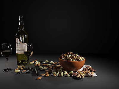 Bowl Of Delicious Mixed Nuts And Chocolate With Wine Bottle And Glasses 3d model