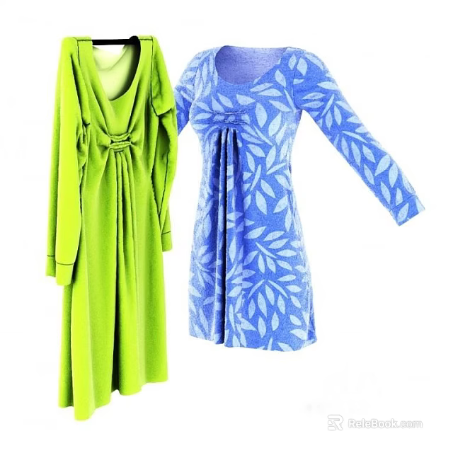 Stylish Green And Blue Leaf Pattern Long Sleeve Dresses For Women 3d model 