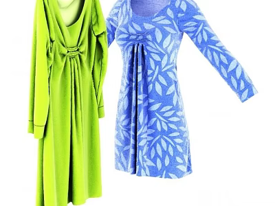 Stylish Green And Blue Leaf Pattern Long Sleeve Dresses For Women 3d model