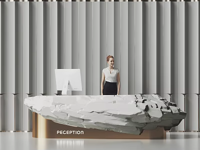 Reception Desk with Golden Base Stone-like Countertop Monitor Behind Female Staff Gray Vertical Striped Wall 3d model