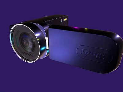 Black Digital Camera With Large Lens And Puri Logo On Purple Background 3d model