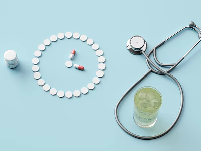 Medical Devices Display Featuring Stethoscope Circular White Pills Medicine Bottle And Liquid Medicine 3d model