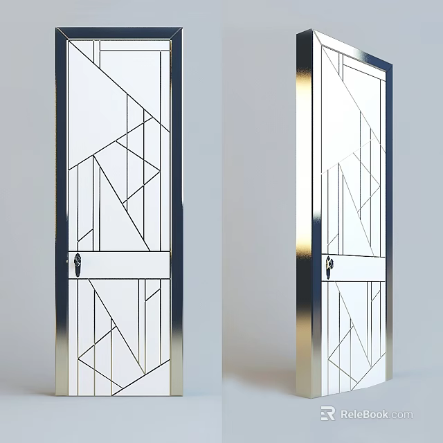 Modern Swing Door With Geometric Patterns Glass Panel And Metal Frame 3d model 