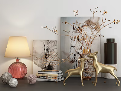 Modern Elegant Decorative Ornament Set with Golden Deer Figurines Branch Decor Table Lamp and Books 3d model