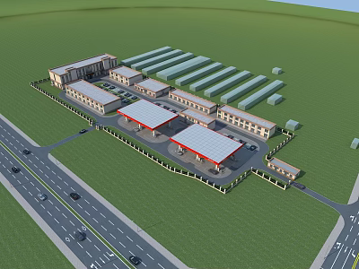 Modern Industrial Commercial Complex With Multiple Buildings Green Landscape And Surrounding Roads 3d model