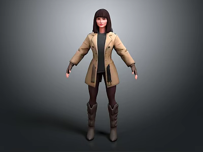 A Woman Wearing Beige Trench Coat Black Short Skirt Brown Knee High Boots Gray Background 3d model