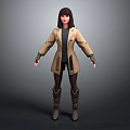 A Woman Wearing Beige Trench Coat Black Short Skirt Brown Knee High Boots Gray Background