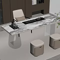 Modern Tea Table and Chairs with Marble Tabletop Transparent Crystal Legs and White Stools