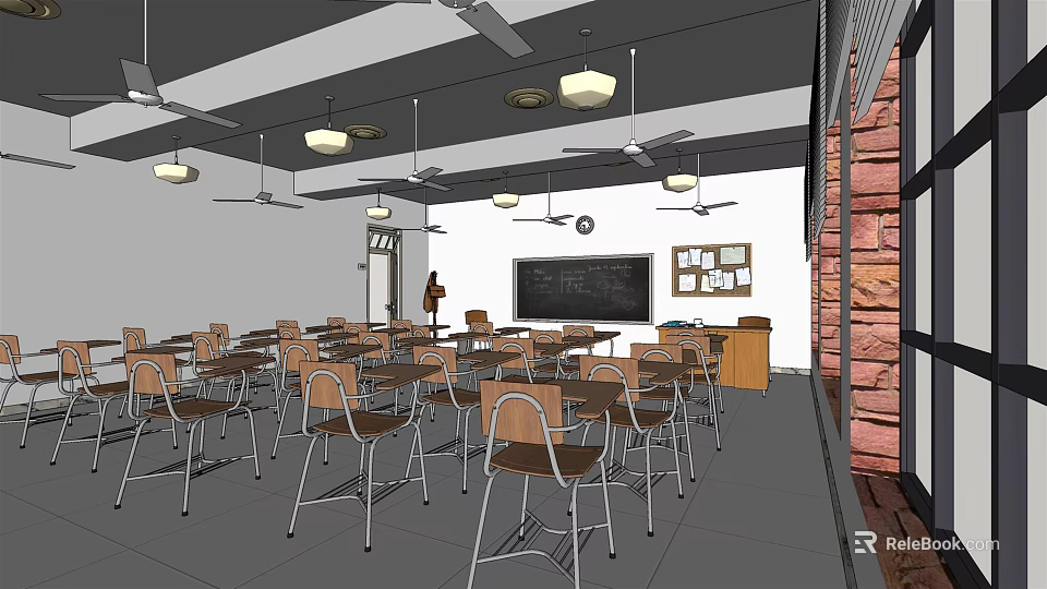 School Classroom Interior With Rows Of Desks Chairs Blackboard Ceiling Fans And Decorations 3d model 