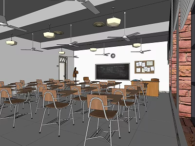 School Classroom Interior With Rows Of Desks Chairs Blackboard Ceiling Fans And Decorations 3d model