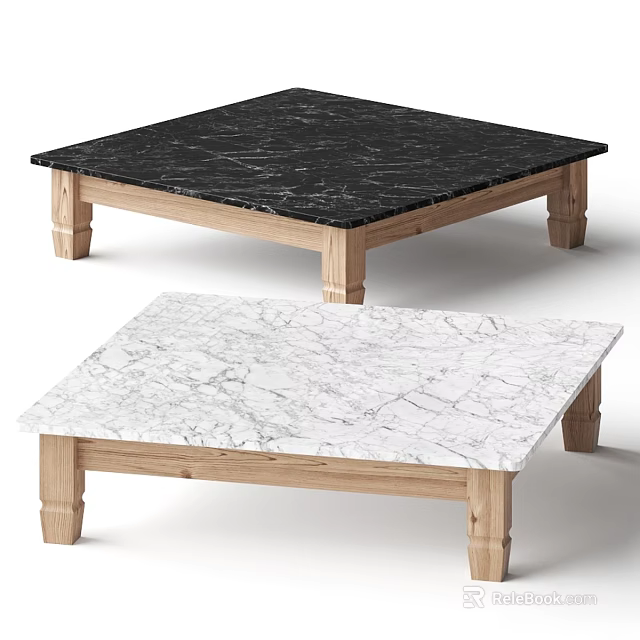 Stylish Black And White Marble Top Dining Tables With Wooden Legs Design 3d model 