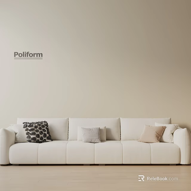 Poliform White Three Seater Sofa With Decorative Pillows On Beige Wall 3d model 