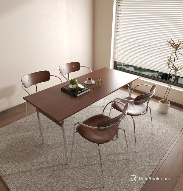 Indoor Rectangular Brown Dining Table Set With Four Metal Frame Chairs And Tabletop Plants 3d model 