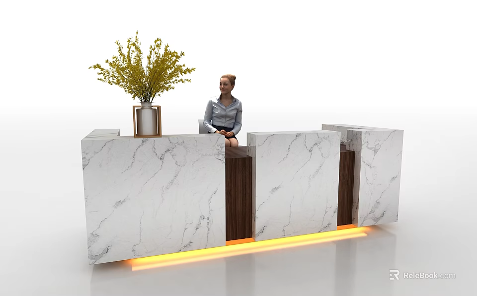 Elegant Marble Reception Desk with Wooden Accents Yellow Lighting Vase Plant and Person Sitting 3d model 