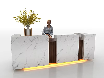 Elegant Marble Reception Desk with Wooden Accents Yellow Lighting Vase Plant and Person Sitting 3d model