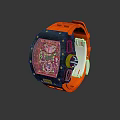 High End Sports Watch With Vibrant Orange Strap And Black Transparent Mechanical Dial