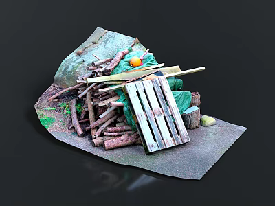 Wooden Logs Pallet Green Fabric And Orange Object In Pile Arrangement 3d model