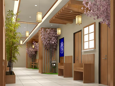 Japanese Elevator Hallway With Wooden Beams Cherry Blossom Trees Bamboo Lanterns Benches And Blue Decor 3d model
