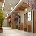 Japanese Elevator Hallway With Wooden Beams Cherry Blossom Trees Bamboo Lanterns Benches And Blue Decor