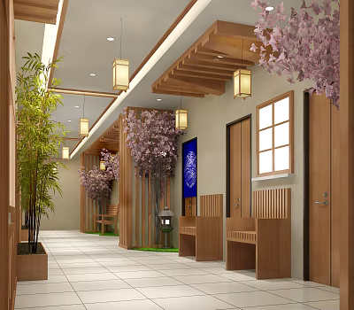 Japanese Elevator Hallway With Wooden Beams Cherry Blossom Trees Bamboo Lanterns Benches And Blue Decor 3d model