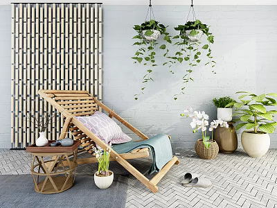 Bamboo Lounge Chair with Cushion Throw Blanket and Side Table in Relaxing Patio with Hanging Plants 3d model