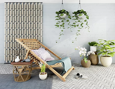 Bamboo Lounge Chair with Cushion Throw Blanket and Side Table in Relaxing Patio with Hanging Plants 3d model