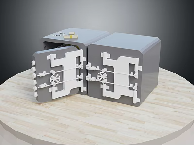 Gray Entryway Side Cabinet Set Featuring Lock And Gear Details On Wooden Table 3d model