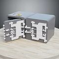 Gray Entryway Side Cabinet Set Featuring Lock And Gear Details On Wooden Table