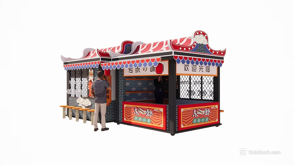 Traditional Street Food Kiosk With Taiwanese Fried Noodles Red White Striped Canopy And Bench 3d model 