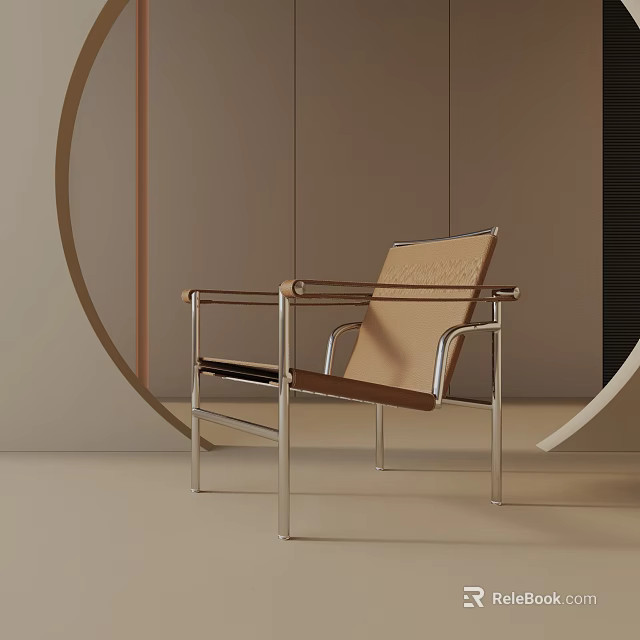 Modern Leisure Accent Chair With Chrome Metal Frame And Beige Upholstery In Minimalist Room 3d model 