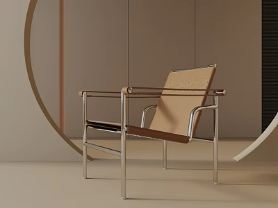 Modern Leisure Accent Chair With Chrome Metal Frame And Beige Upholstery In Minimalist Room 3d model