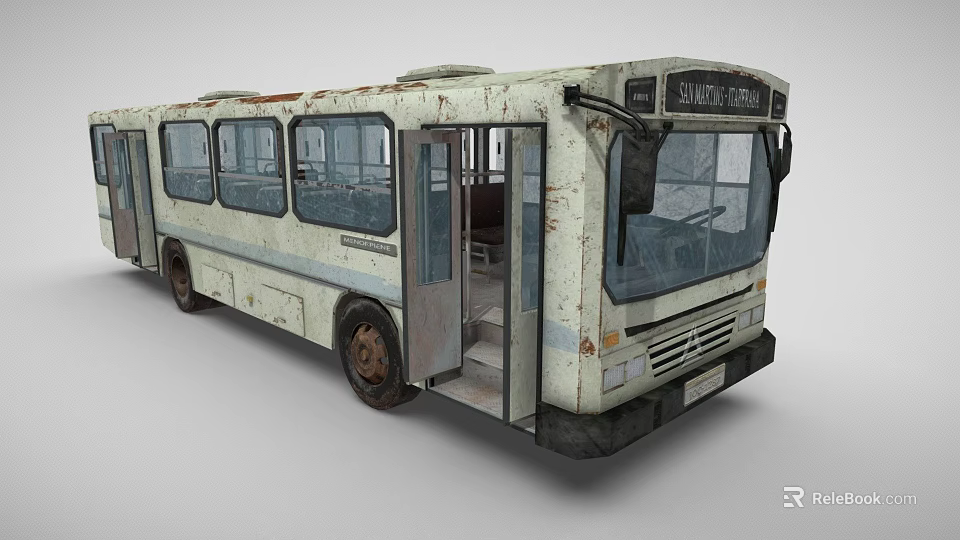 Old Rusty Bus With Open Doors And Sunday Market Front Sign 3d model 