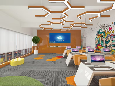 Modern Public Office Space Featuring Hanging Lights Large Screen Laptops Colorful Carpet and Graffiti Wall 3d model