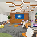 Modern Public Office Space Featuring Hanging Lights Large Screen Laptops Colorful Carpet and Graffiti Wall
