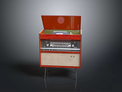Vintage Record Player With Wooden Case Open Lid Vinyl Record Control Knobs And Speaker Grilles 3d model