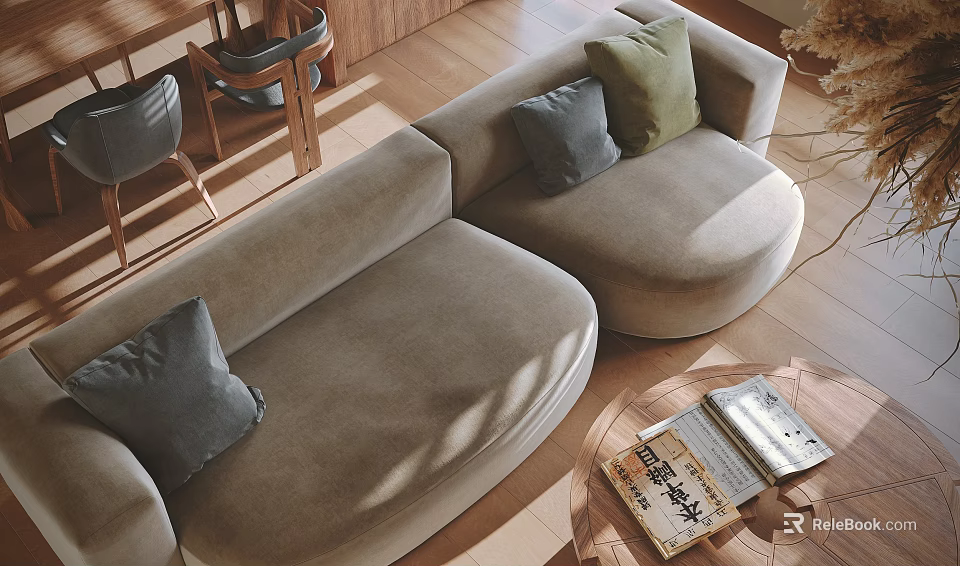 Spacious Curved Multi person Sofa With Gray Green Cushions On Wooden Floor And Round Coffee Table 3d model 