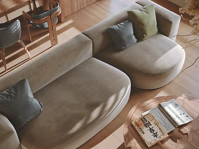 Spacious Curved Multi person Sofa With Gray Green Cushions On Wooden Floor And Round Coffee Table 3d model