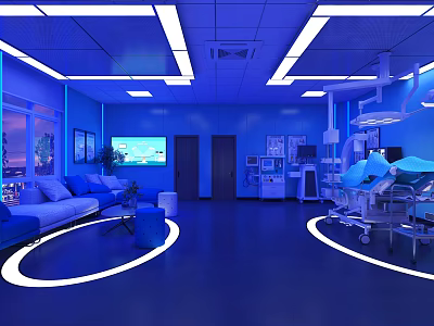 Blue Toned Room Combining Sofa Coffee Table TV With Medical Equipment And Hospital Bed 3d model