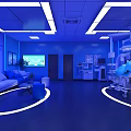 Blue Toned Room Combining Sofa Coffee Table TV With Medical Equipment And Hospital Bed