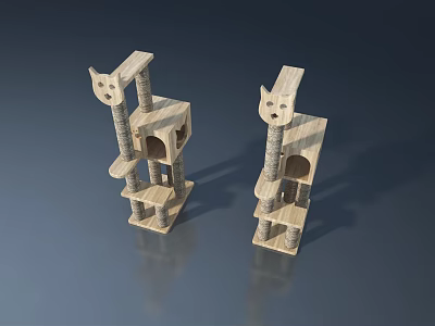 Wooden Cat Tree With Cat Face Design Multi Level Platforms And Scratching Posts 3d model